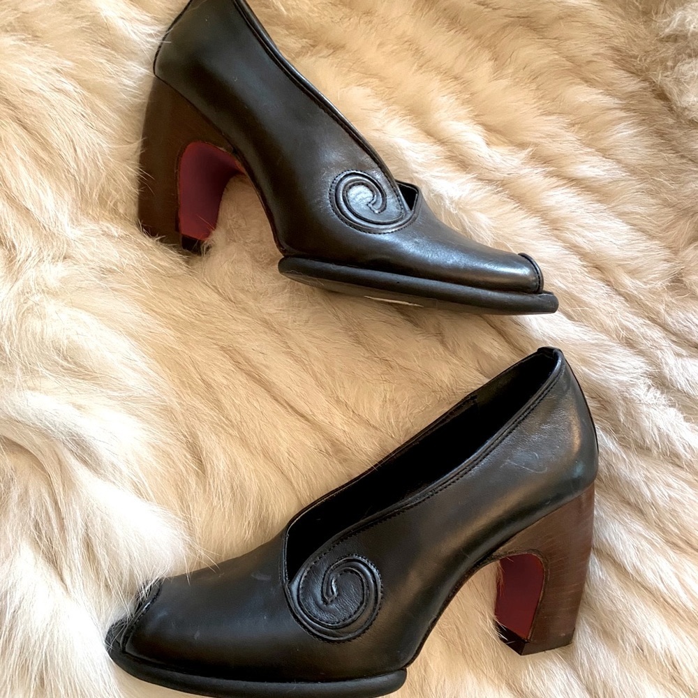John Fluevog Black Leather Heels with Red Accents